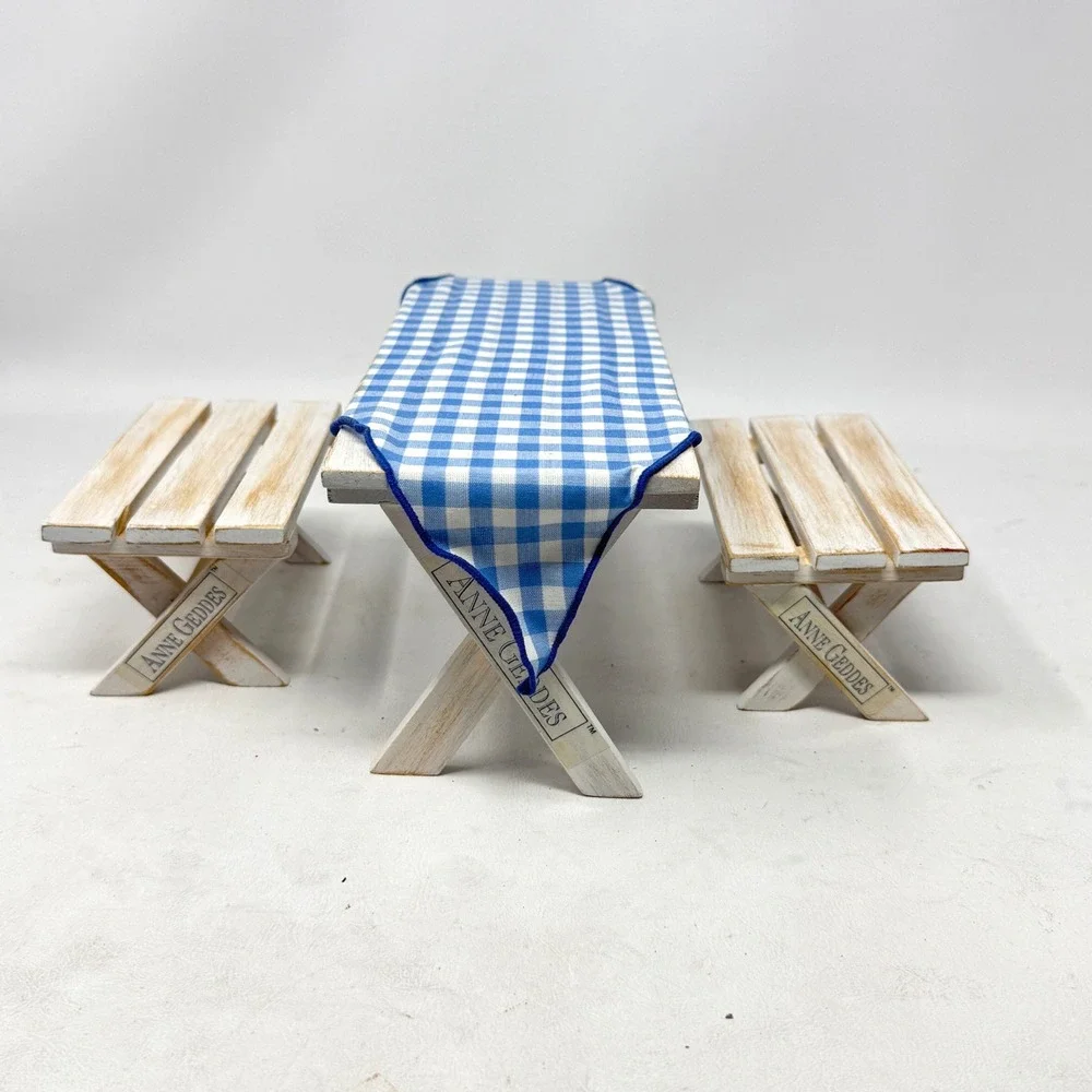 Anne Geddes Enesco Miniature Picnic Table Bench Set White Wood Gingham Prop